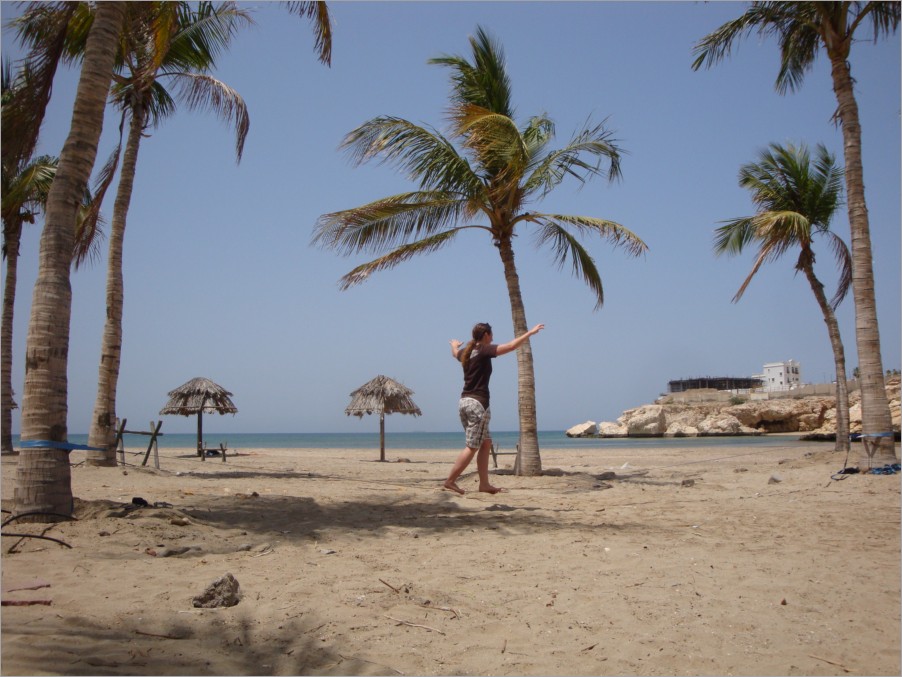 at the public beach around qurm we went swimming and set up our slackline between the palm-trees